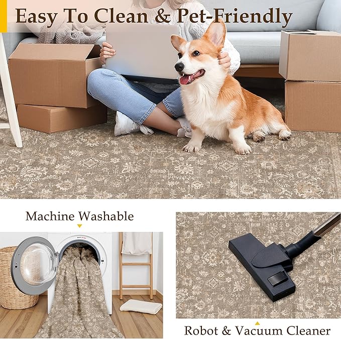 2x3 Deep Brown Entryway Area Rug Machine Washable Door Mat Kitchen Vintage Distressed Non Slip Carpet Indoor Retro Floral Accent Throw Small Rug for Bathroom Office Bedroom Living Dining Room