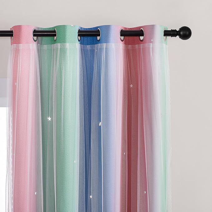 XiDi Pink & Rainbow Curtains for Kids & Girl Bedrooms - Blackout, Unicorn Wall Decals, 52x72 Inch