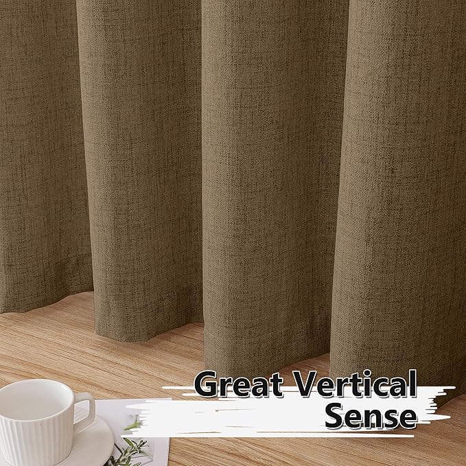 Tollpiz Short Linen Curtains Living Room Rod Pocket Semi Sheer Curtain Burlap Light Filtering Thick Linen Drapes for Bedroom, 54 x 54 inches Long, Brown, Set of 2 Panels