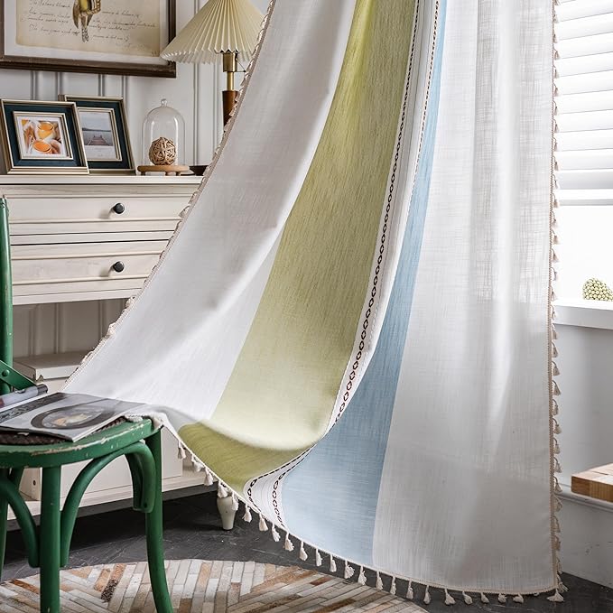 Sutuo Home Boho Curtains 63 inches for Bedroom Living Room, Semi Blackout Linen Farmhouse Tassels Window Treatment Bohemian Embroidery Drape, Rod Pocket 1 Panel 52" W x 63" L, Green Blue Striped Linen