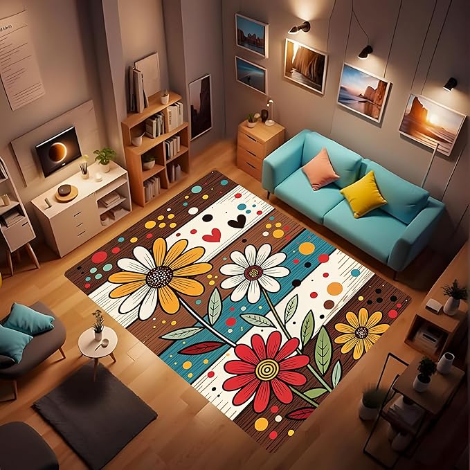 Machine Washable 5' x 7' Bohemian-Style Area Rug, Flowers Floor mat, Suitable for bedrooms, Girls' Room Bedside, Living Room, Dining Room, Office, Non-Slip Low-Pile Retro, Fashionable Carpet