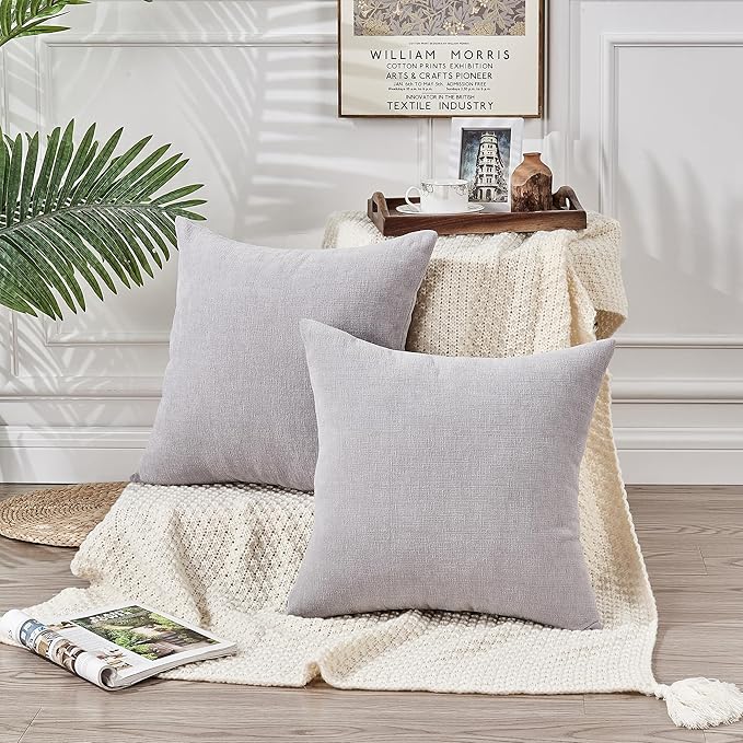 GAWAMAY Decorative Square 16x16 Inch Throw Pillow Covers Set of 2, Super Soft Chenille Pillows Farmhouse Fall Pillowcase for Living Room Bedroom Sofa Couch Cushion Cover Light Grey 40x40cm