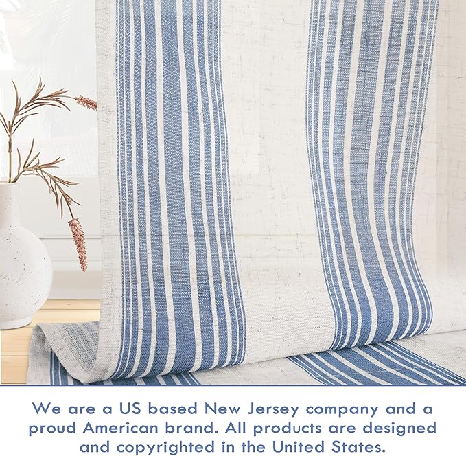 DriftAway Farmhouse Vertical Striped Linen Blend Textured Light Filtering Semi Sheer Curtains for Living Room Bedroom 108 Inches Long Drapes 2 Panels Broad Striped Jean Navy