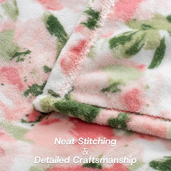Luxury Printed Fleece Warm Blanket, Soft Lightweight Velvety Plush Throw for Couch and Bed, Cozy Comfy for All Seasons(Ivory Pink Flowers, 70×90 Inches)