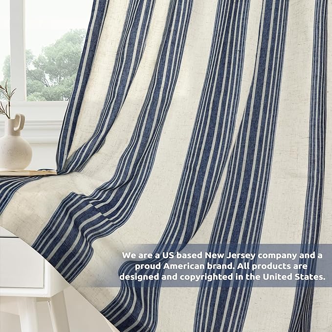 DriftAway Farmhouse Vertical Striped Linen Blend Textured Light Filtering Semi Sheer Curtains for Living Room Bedroom 84 Inches Long Drapes 2 Panels Broad Striped Linen Dark Blue