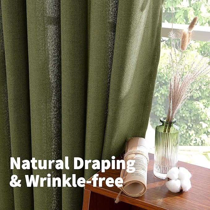 YoungsTex Olive Linen Curtains 40 Inch Length for Kitchen Window, Dark Green Short Light Filtering Drapes Semi Sheer with Bronze Grommet for Bathroom Windows, 2 Panels, 42 X 40 Inch
