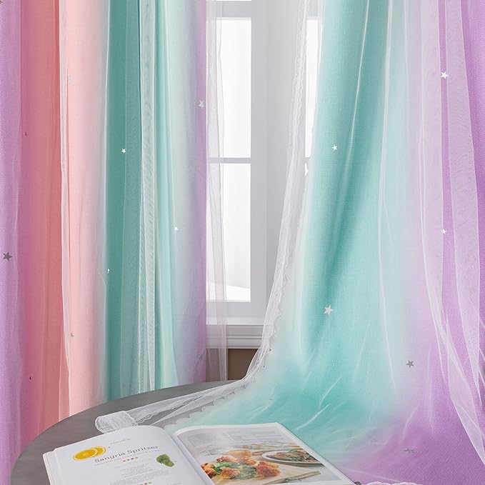 XiDi Curtains for Bedroom Decor, Rainbow Pink Purple Green 34/79/1