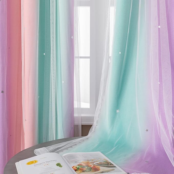 Blackout Curtains for Girls Room, Kids Bedroom 62 Inch Pink Rainbow Unicorn 1 Panels, Blackout Lining Window Wall Decor with Tie Backs