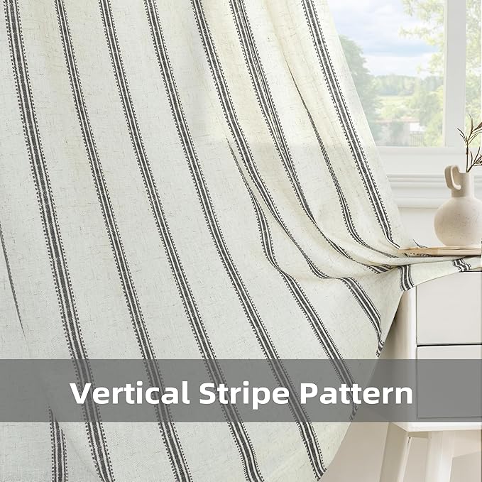 DriftAway Farmhouse Vertical Striped Linen Blend Textured Light Filtering Semi Sheer Curtains for Living Room Bedroom 63 Inches Long Drapes 2 Panels Linen Black