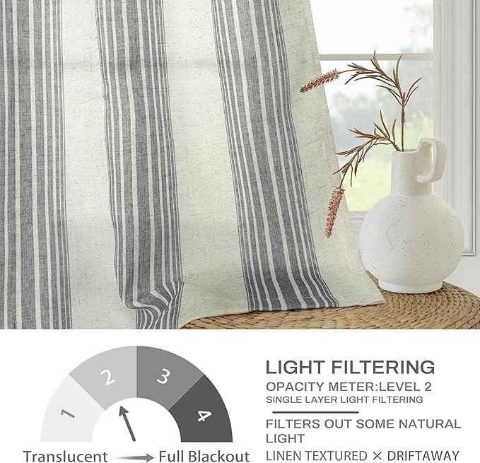 DriftAway Farmhouse Vertical Striped Linen Blend Textured Light Filtering Semi Sheer Curtains for Living Room Bedroom 96 Inches Long Drapes 2 Panels Broad Striped Linen Grey
