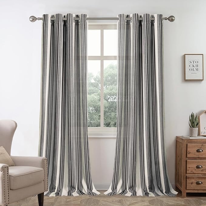DriftAway Farmhouse Vertical Striped Linen Blend Textured Light Filtering Semi Sheer Curtains for Living Room Bedroom 84 Inches Long Drapes 2 Panels Broad Striped Black
