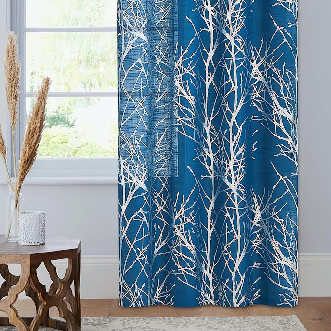 FMFUNCTEX Linen Semi Sheer Curtains for Bedroom and Living Room - Silver Foil Metallic Print Navy Blue Tree Panel, 96 Inches Long, Light Filtering, Grommet Top, 2 Panels