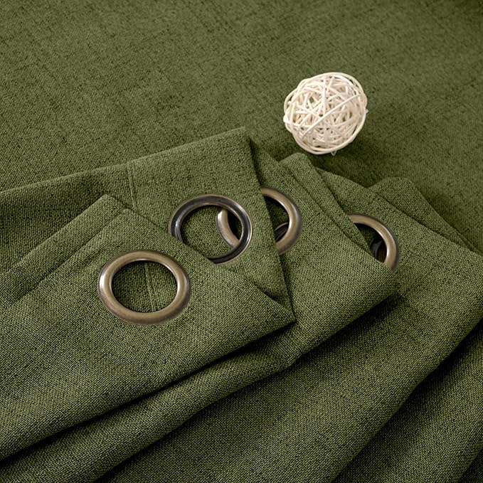 YoungsTex Olive Linen Curtains 95 Inches Long 2 Panels for Living Room, Dark Green Semi Sheer Drapes with Bronze Grommet Window Treatments Floor Length for Bedroom Dining, 52 X 95 Inch