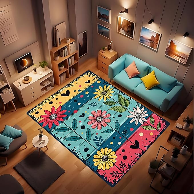 Machine Washable 5' x 8' Folk Art Print Style Area Rug, Flowers Floor mat, Suitable for bedrooms, Girls' Room Bedside, Living Room, Dining Room, Office, Non-Slip Low-Pile Retro, Fashionable Carpet