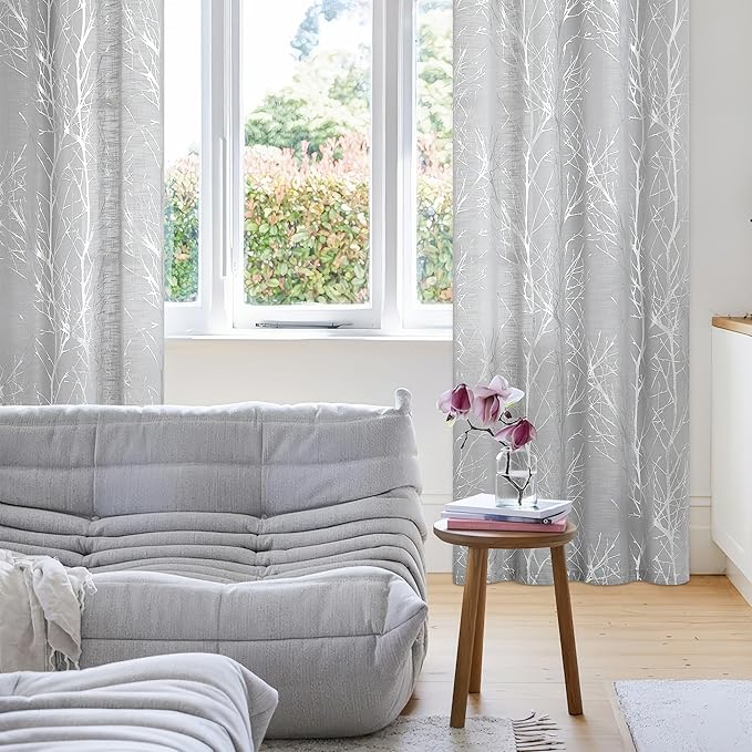 FMFUNCTEX Linen Semi Sheer Curtains for Bedroom & Living Room, Silver Metallic Print Grey Tree Panel, Light Filtering, 96 Inches Long, 2 Panels
