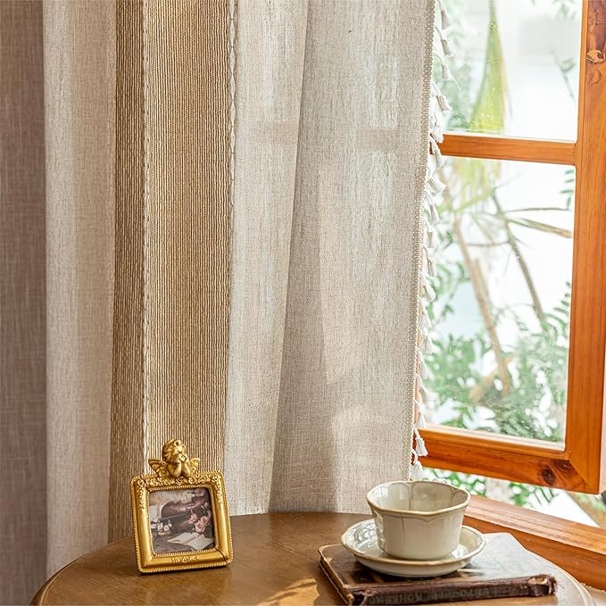 Sutuo Home Boho Curtains 96 inches for Bedroom Dining Room,French Country Bohemian Vintage Chic Drape Light Filtering Privacy Window Treatment Tassels, Rod Pocket 1 Panel 52" W x 96" L, Khaki Linen