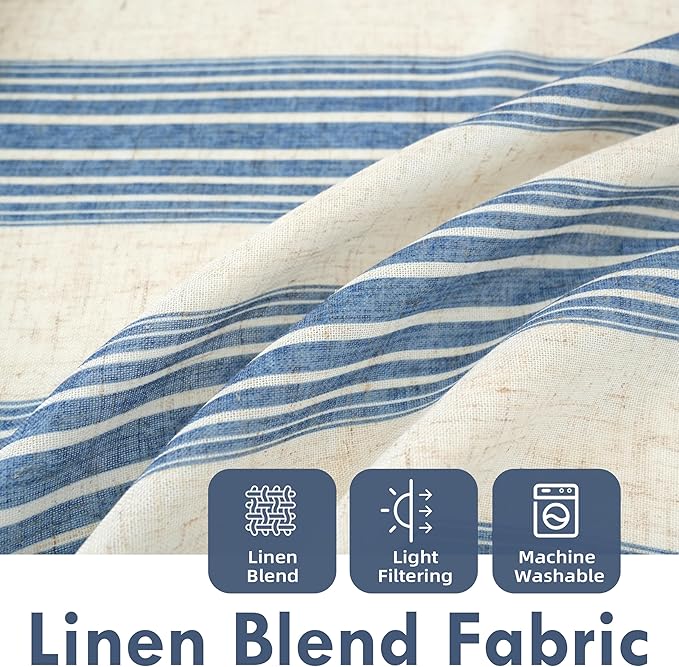 DriftAway Farmhouse Vertical Striped Linen Blend Textured Light Filtering Semi Sheer Curtains for Living Room Bedroom 36 Inches Long Drapes 2 Panels Broad Striped Linen Jean Navy