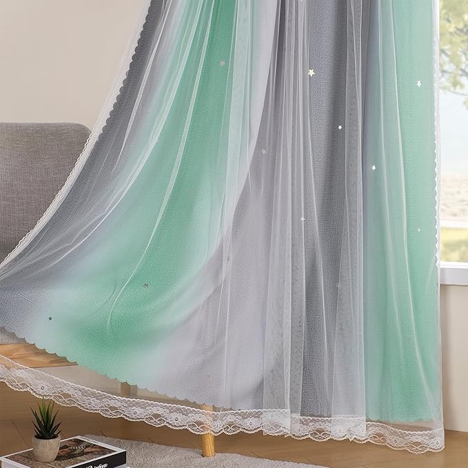 XiDi Curtains for Bedroom Decor, Rainbow Green LightgreyGrey34/54/1