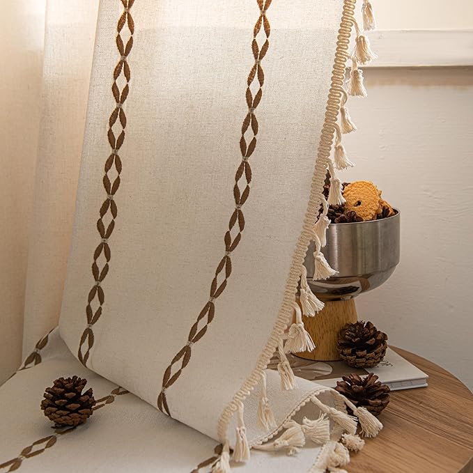 Sutuo Home Boho Curtains 84 Inches Long for Bedroom Living Room,Bohemian Drape Light Filtering Country Semi Blackout Farmhouse Window Treatment Rod Pocket, 1 Panel W52 x L84,White and Coffee