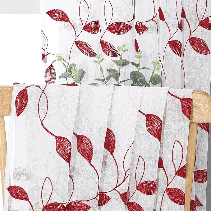 Tollpiz Burgundy Red Leaf Sheer Curtain Leaves Embroidered Living Room Short Curtains Rod Pocket Voile Window Treatment for Bedroom, 54 x 54 inches Long, Set of 2 Panels