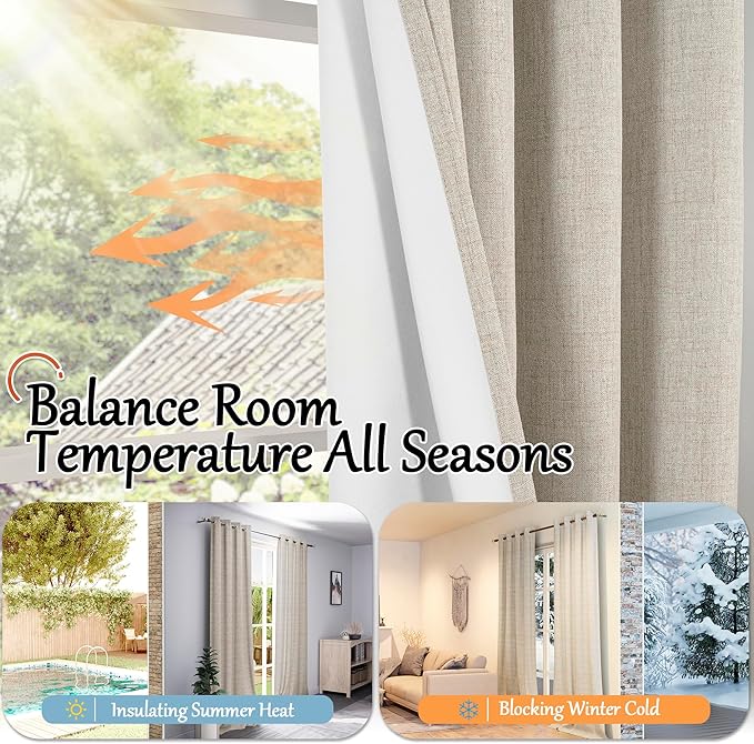 60 Inch Wide Linen Blackout Curtains for Bedroom 63 Inch Length 2 Panels, Total Black Out Thermal Insulated Energy Efficiency Grommet Boho Window Drapes White Liner for Modern Farmhouse, Beige