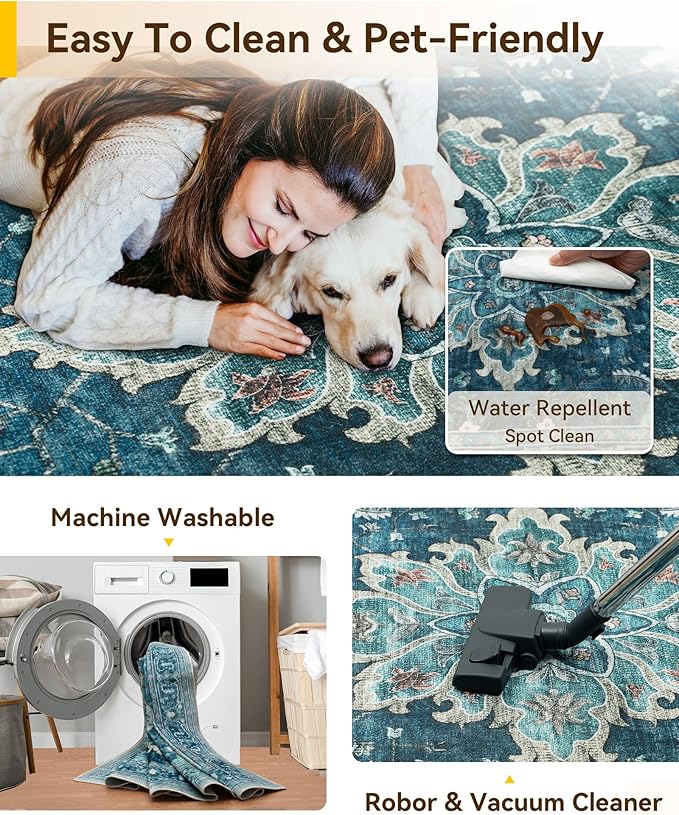 Area Rugs 2'6''x10' Washable Non-Slip, Floral Vintage Distress Print Pattern Medallion Carpet for Living Room Bedroom Dining Room, Teal Green Lake Blue Turquoise