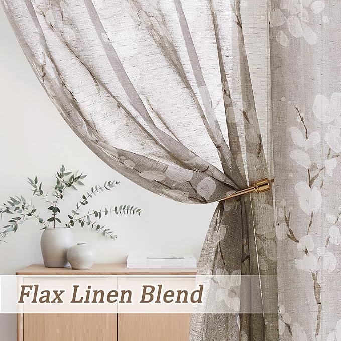 Fmfunctex Linen Sheer Curtains for Bedroom, Tan White Blossom Print Curtains 63 Inch Length for Living Room, Taupe Floral Patterned Farmhouse Curtain Light Filtering Window Drapes 2 Panels, Rod Pocket