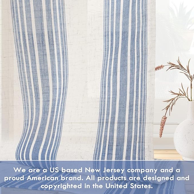 DriftAway Farmhouse Vertical Striped Linen Blend Textured Light Filtering Semi Sheer Curtains for Living Room Bedroom 96 Inches Long Drapes 2 Panels Broad Striped Jean Navy