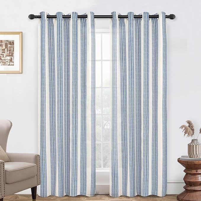 DriftAway Farmhouse Vertical Striped Linen Blend Textured Light Filtering Semi Sheer Curtains for Living Room Bedroom 102 Inches Long Drapes 2 Panels Broad Striped Jean Navy