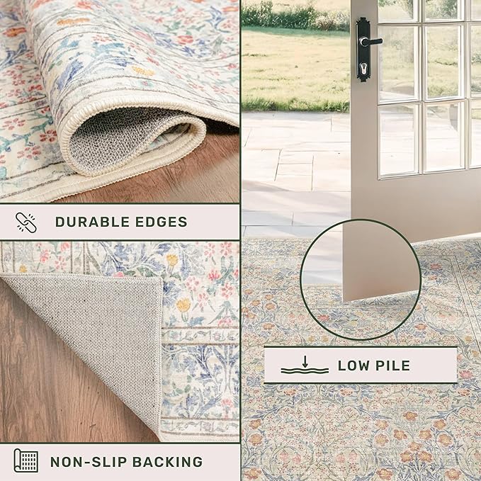 Washable Beige Blue 5x8 Area Rug for Large Entryway, Living Room, Kids Room, Boy Nursery Room, Bedroom Rug - Vintage Oriental Low Pile Non Slip & Stain Resistance (5x8 Beige Blue)