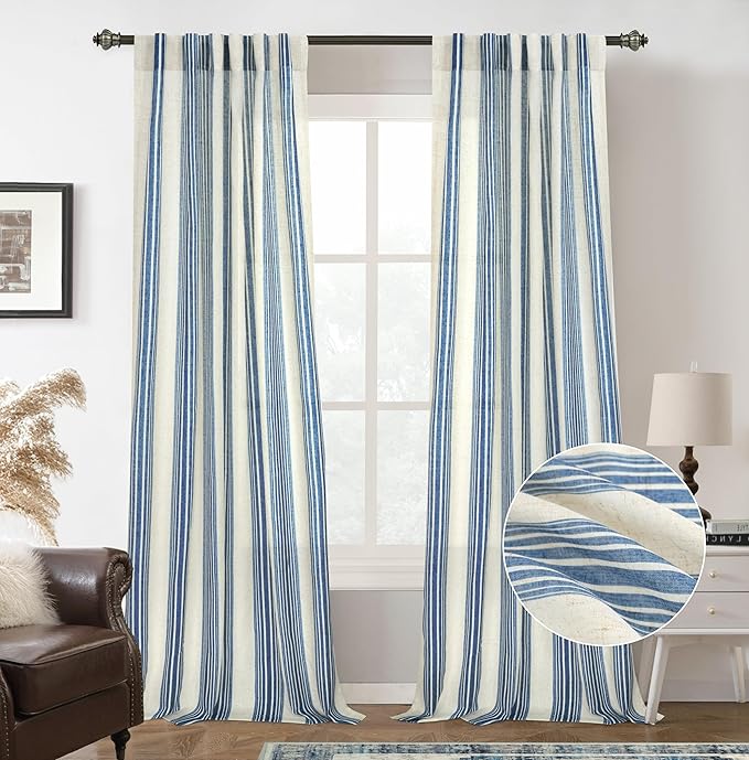 DriftAway Farmhouse Vertical Striped Linen Blend Textured Light Filtering Semi Sheer Curtains for Living Room Bedroom 96 Inches Long Drapes 2 Panels Broad Striped Linen Jean Navy