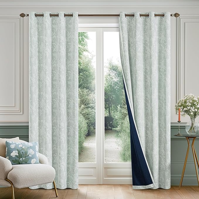 FMFUNCTEX Sage Green Floral Jacquard Blackout Curtains 63 Inch Length for Bedroom, Scroll Flower Chenille Farmhouse Curtain for Living Room Darkening Thermal Insulated Grommet Window Drapes 2 Panels
