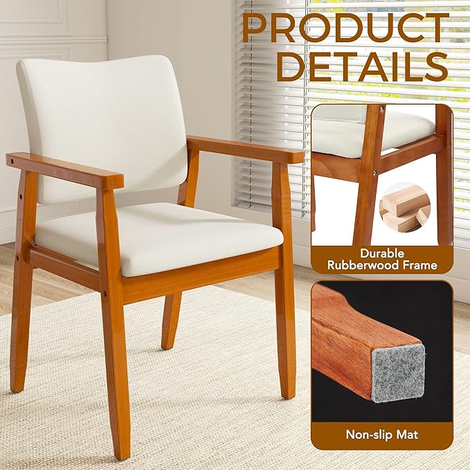 thksbought Mid Century Modern Walnut Dining Chairs Wood Arm Beige Fabric Kitchen Cafe Living Room Decor Furniture
