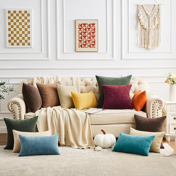GAWAMAY Decorative Square Throw Pillow Covers 22"x22" Inch Set of 2, Super Soft Chenille Pillows Farmhouse Pillowcase for Living Room Bedroom Sofa Couch Cushion Cover Dark Green 55x55cm (No Insert)