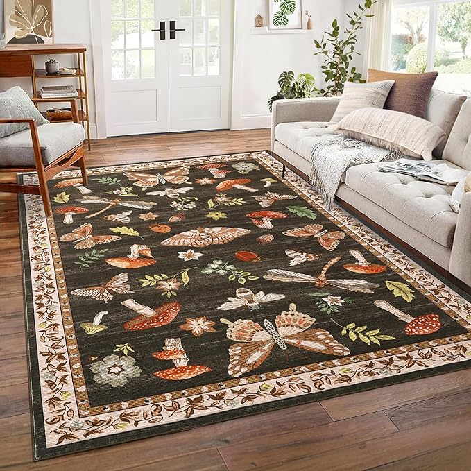 Mushroom 8x10 Rug for Living Room Non Slip Washable 8 X 10 Rug for Bedroom with Rubber Back Soft Low-Pile Stain Resistant Foldable Large Carpet for Office Nursery Dining Room Brown
