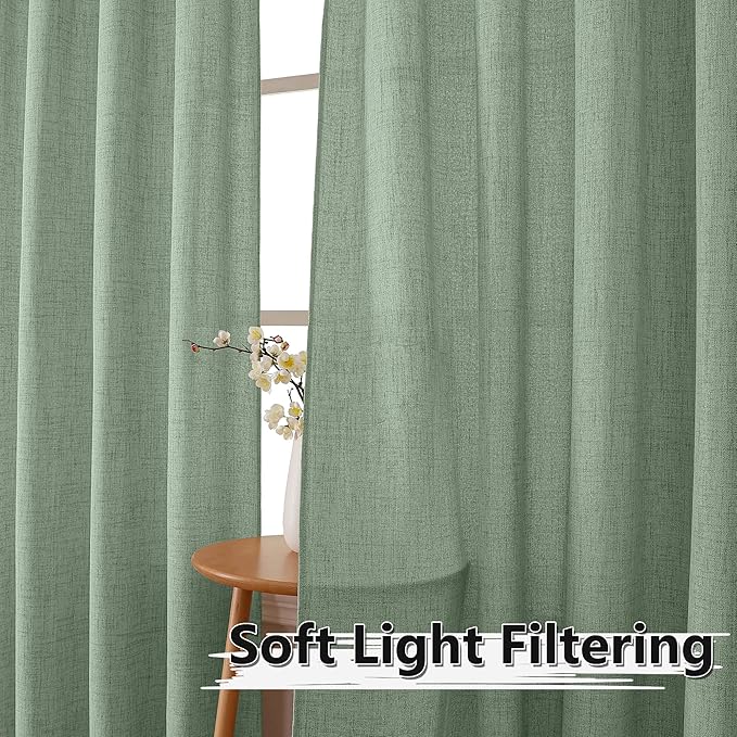 Tollpiz Short Linen Curtains Living Room Rod Pocket Semi Sheer Curtain Burlap Light Filtering Thick Linen Drapes for Bedroom, 54 x 54 inches Long, Sage Green, Set of 2 Panels