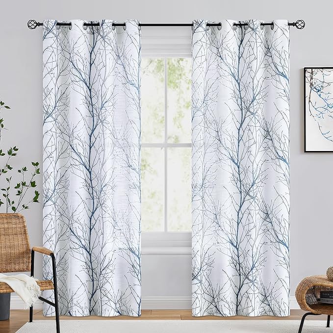 FMFUNCTEX Linen Semi Sheer Curtains for Bedroom, Blue White Curtains 108 Inches Long for Living Room, Grey Tree Branch Patterned Curtain Light Filtering Extra Long Window Drapes, Grommet Top 2 Panels