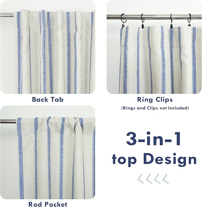 DriftAway Farmhouse Vertical Striped Linen Blend Textured Light Filtering Semi Sheer Curtains for Living Room Bedroom 63 Inches Long Drapes 2 Panels Linen Navy