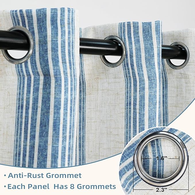 DriftAway Farmhouse Vertical Striped Linen Blend Textured Light Filtering Semi Sheer Curtains for Living Room Bedroom 120 Inches Long Drapes 2 Panels Broad Striped Jean Navy