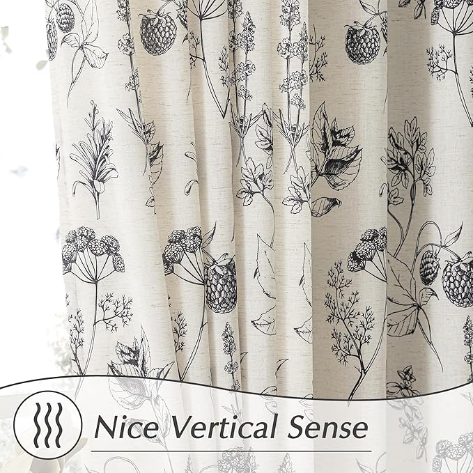 FMFUNCTEX Linen Curtains Floral Patterned Curtain for Bedroom Living Room, Black Curtains 84 Inches Long Farmhouse, Light Filtering Beige Window Curtain Grommet Top 2 Panels Set
