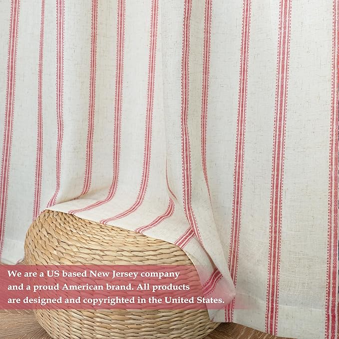 DriftAway Farmhouse Vertical Striped Linen Blend Textured Light Filtering Semi Sheer Curtains for Living Room Bedroom 96 Inches Long Drapes 2 Panels Linen Red