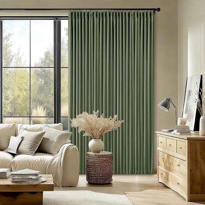 80 Inch Olive Green Linen Blackout Curtains for Living Room 100% Black Out Pinch Pleat Hooks for Living Room Back Tab Thick Linen Textured Pleated Drapes Light Blocking Loden Bedroom Window Curtains