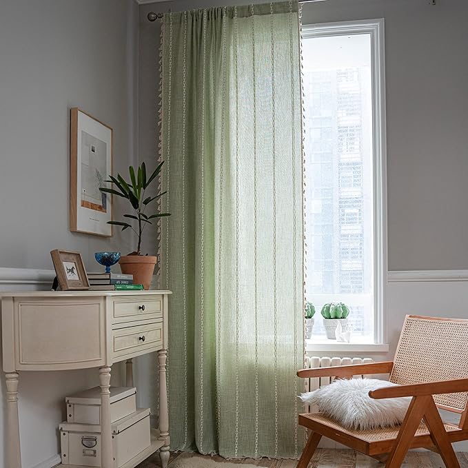 Sutuo Home Boho Curtain for Bedroom, Light Filtering Farmhouse Vintage Chic Tassels Window Treatment Bohemian Embroidery Drape, Rod Pocket 1 Panel 52" W x 108" L, Sage Green