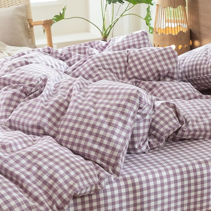 MooMee Gingham Duvet Cover Set 100% Washed Cotton Linen Like Textured Breathable Durable Soft Comfy Modern Checkered Design (Classic Gingham Light Purple, Twin 68"x90")