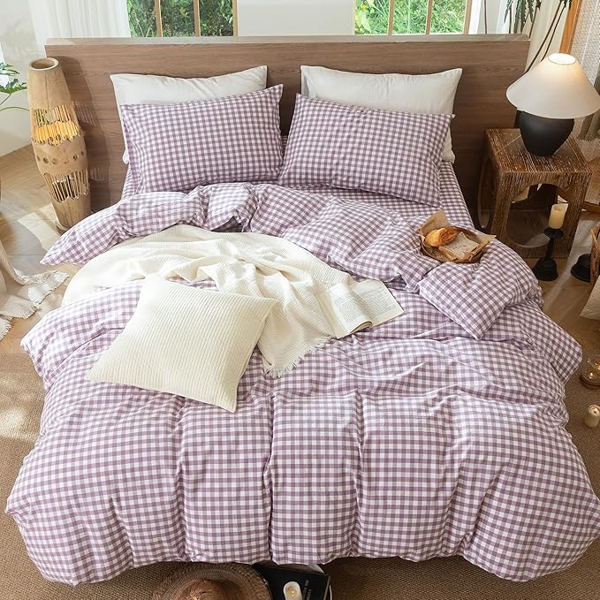 MooMee Gingham Duvet Cover Set 100% Washed Cotton Linen Like Textured Breathable Durable Soft Comfy Modern Checkered Design (Classic Gingham Light Purple, Twin 68"x90")