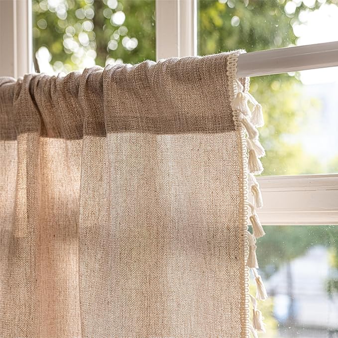 Sutuo Home Boho Curtains Valance Tier 36 inch for Cafe Kitchen Doorway Closet, Short Farmhouse Chic Tassels Window Treatment Bohemian Embroidery Drape, Rod Pocket 1 Panel 52" W x 36" L, Coffee Linen