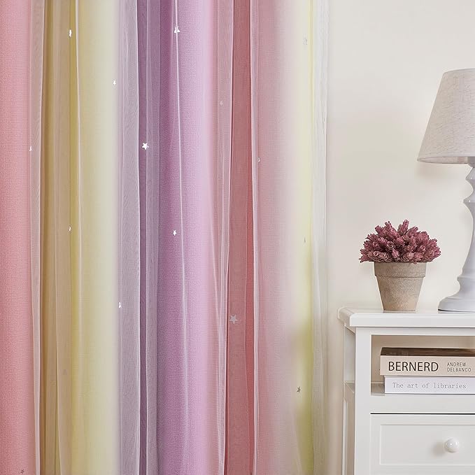 XiDi Curtains for Bedroom Decor, Rainbow Pink PurpleYellow52/54/1