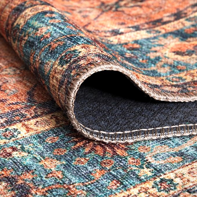 Bloom Rugs Washable Non-Slip 7 ft Runner - Orange/Teal Blue Traditional Bordered Runner for Entryway, Hallway, Bathroom, and Kitchen - Exact Size: 2.5' x 7'