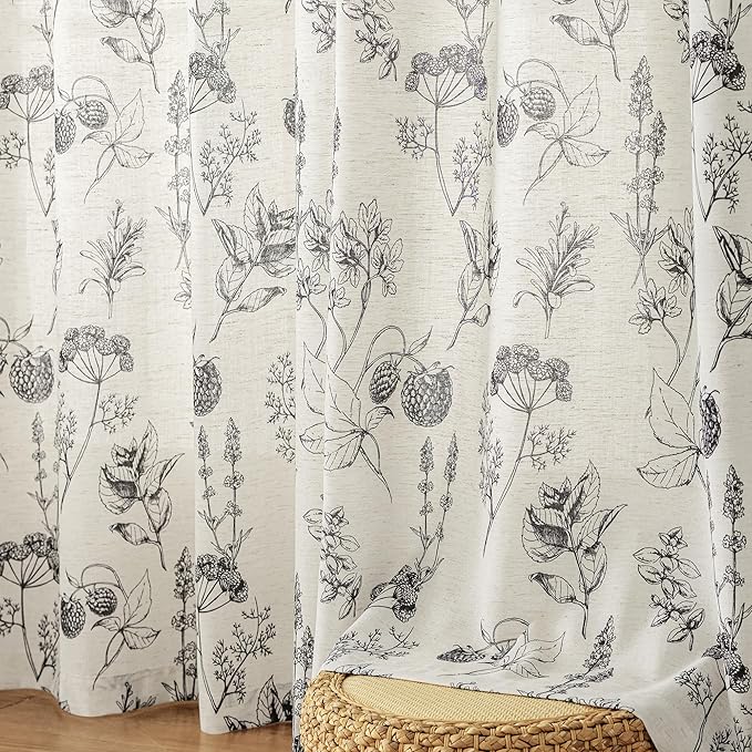 FMFUNCTEX Linen Curtains Floral Patterned Curtain for Bedroom Living Room, Black Curtains 63 Inch Length Farmhouse, Light Filtering Beige Window Curtain Grommet Top 2 Panels Set