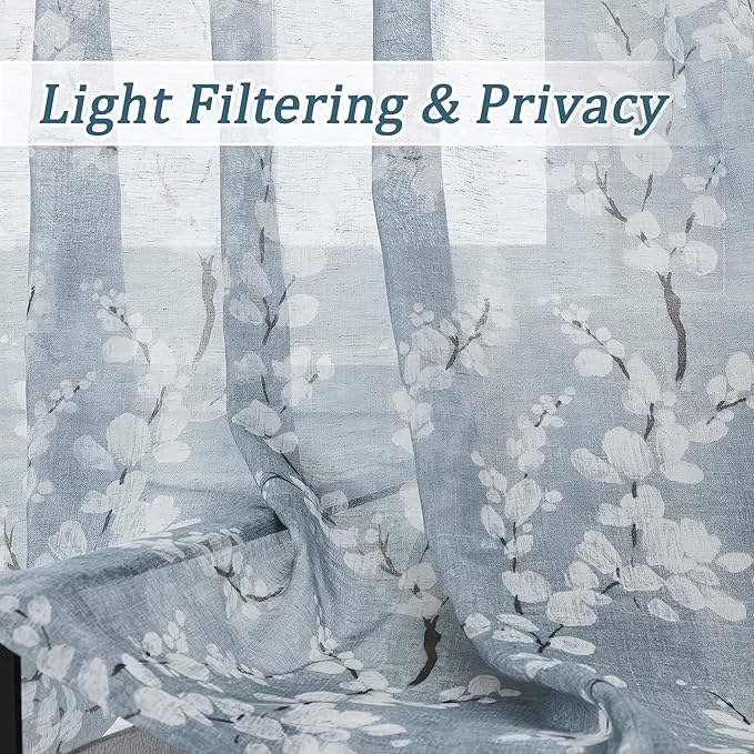 FMFUNCTEX Linen Sheer Curtains for Bedroom, Blue White Blossom Print Curtains 63 Inch Length for Living Room, Floral Patterned Farmhouse Curtain Light Filtering Window Drapes 2 Panels, Rod Pocket